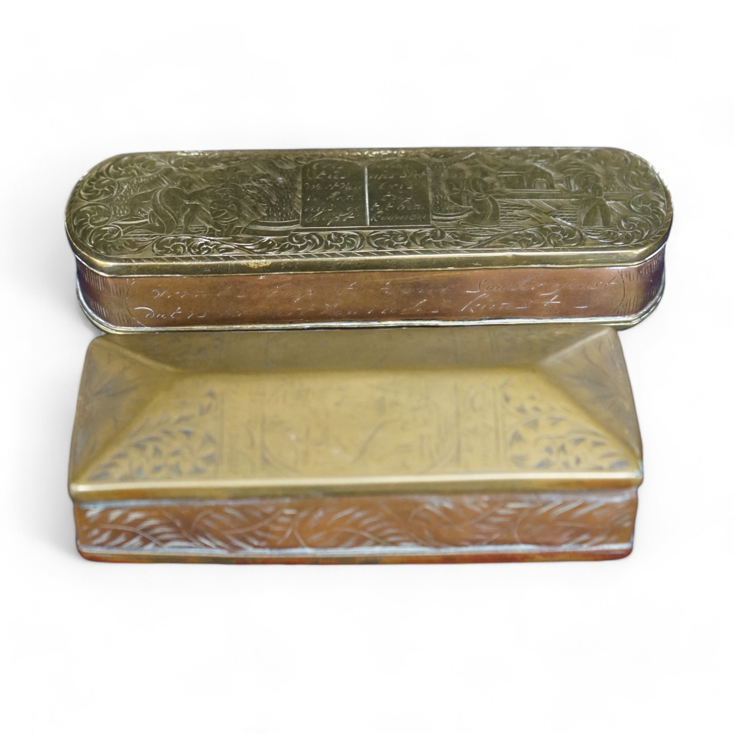 Two 18th century Dutch brass and copper tobacco boxes, longest 15.5cm. Condition - fair